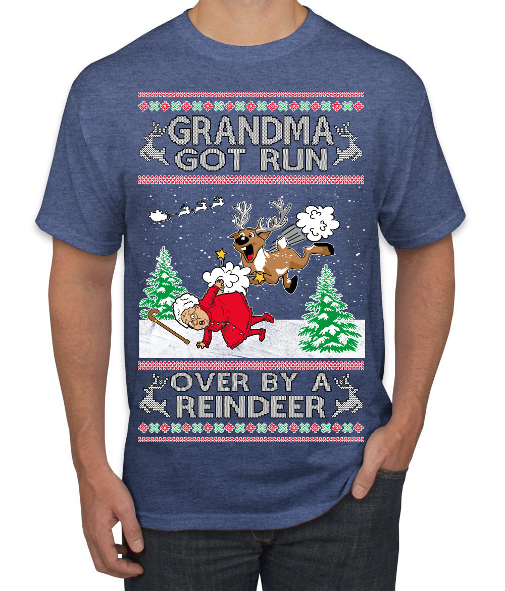Grandma Got Run Over by a Reindeer, Funny Animated Design Rein Deer Kids TV Song Movie Ugly Christmas Sweater Men's T-Shirt