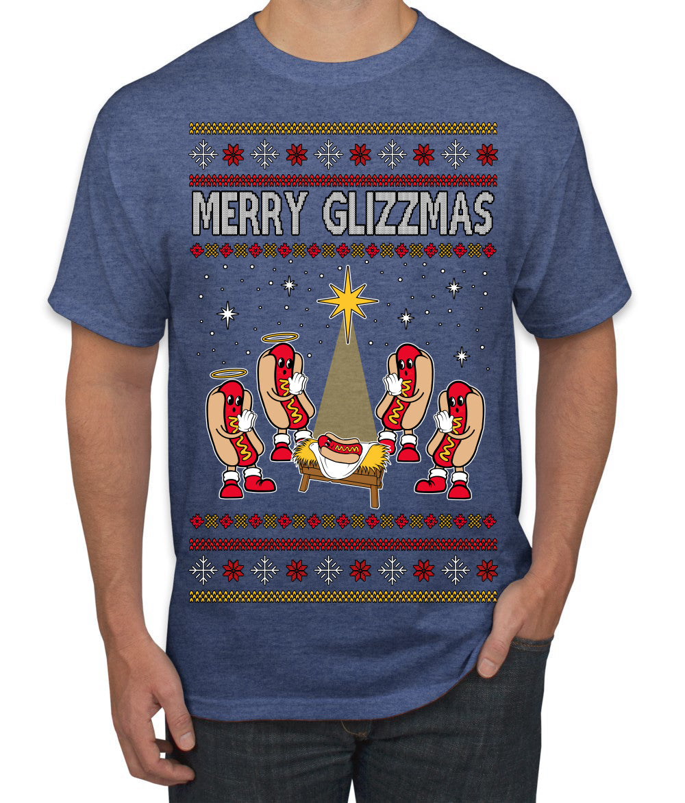Merry Glizzmas, Funny Glizzy Hot Dog Baby Jesus Catholic Nativity, Fast Food Mustard Condiment Glizzys Humor Ugly Christmas Sweater Men's T-Shirt