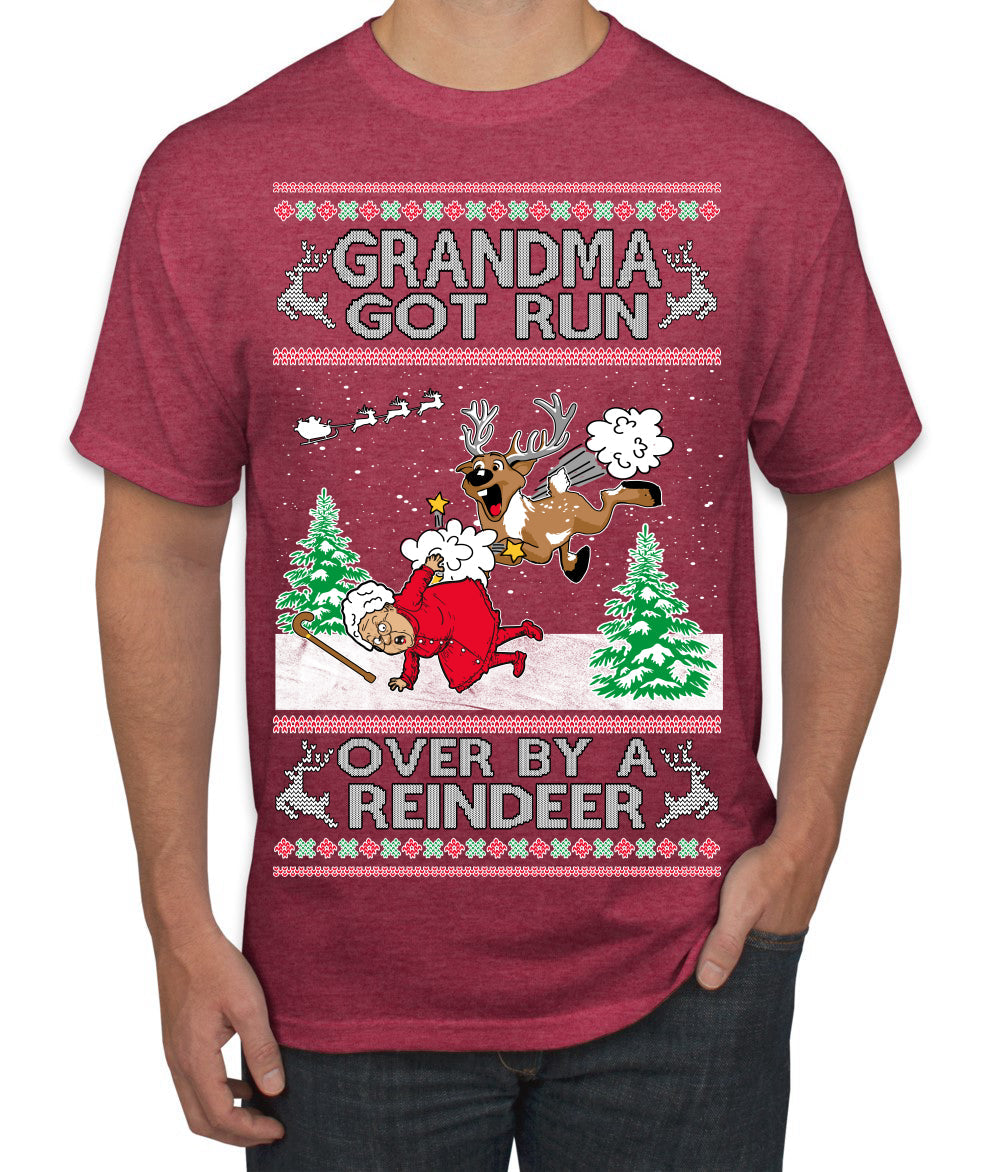 Grandma Got Run Over by a Reindeer, Funny Animated Design Rein Deer Kids TV Song Movie Ugly Christmas Sweater Men's T-Shirt
