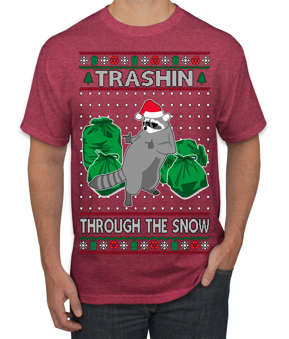 Trashin Through the Snow Funny Trash Panda Raccoon Meme Ugly Christmas Sweater Men's T-Shirt