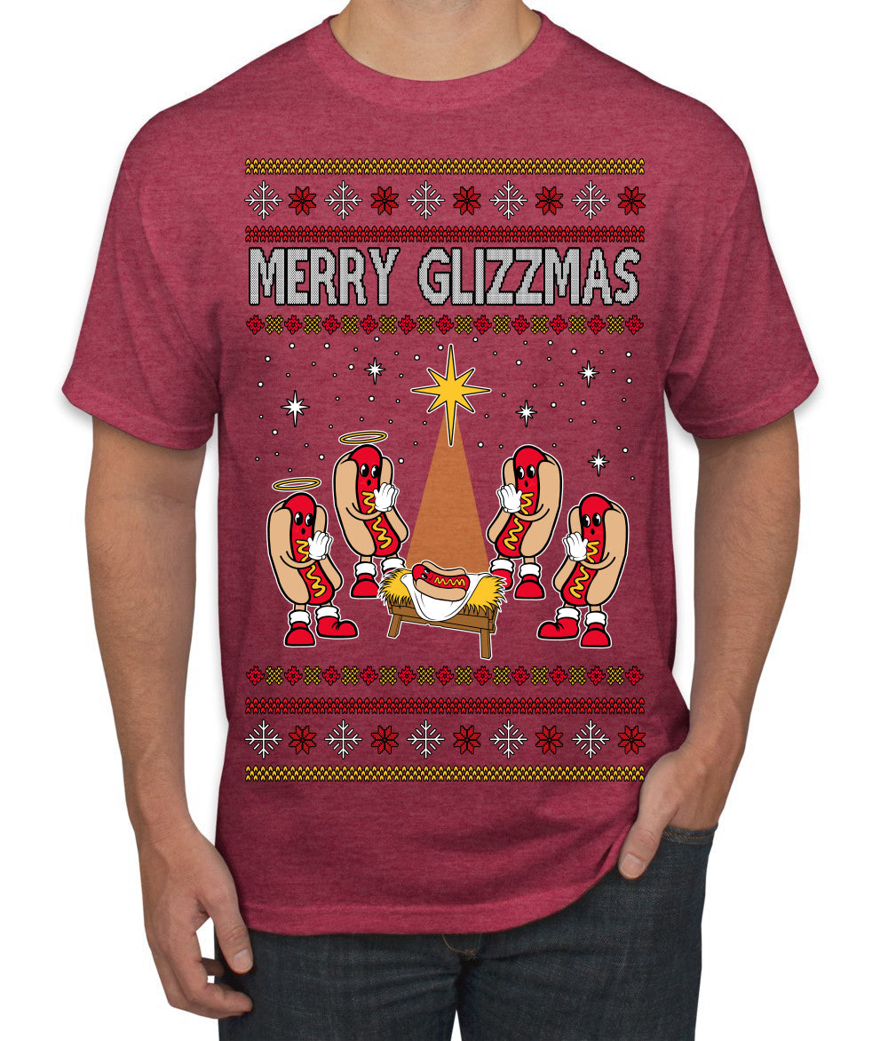 Merry Glizzmas, Funny Glizzy Hot Dog Baby Jesus Catholic Nativity, Fast Food Mustard Condiment Glizzys Humor Ugly Christmas Sweater Men's T-Shirt