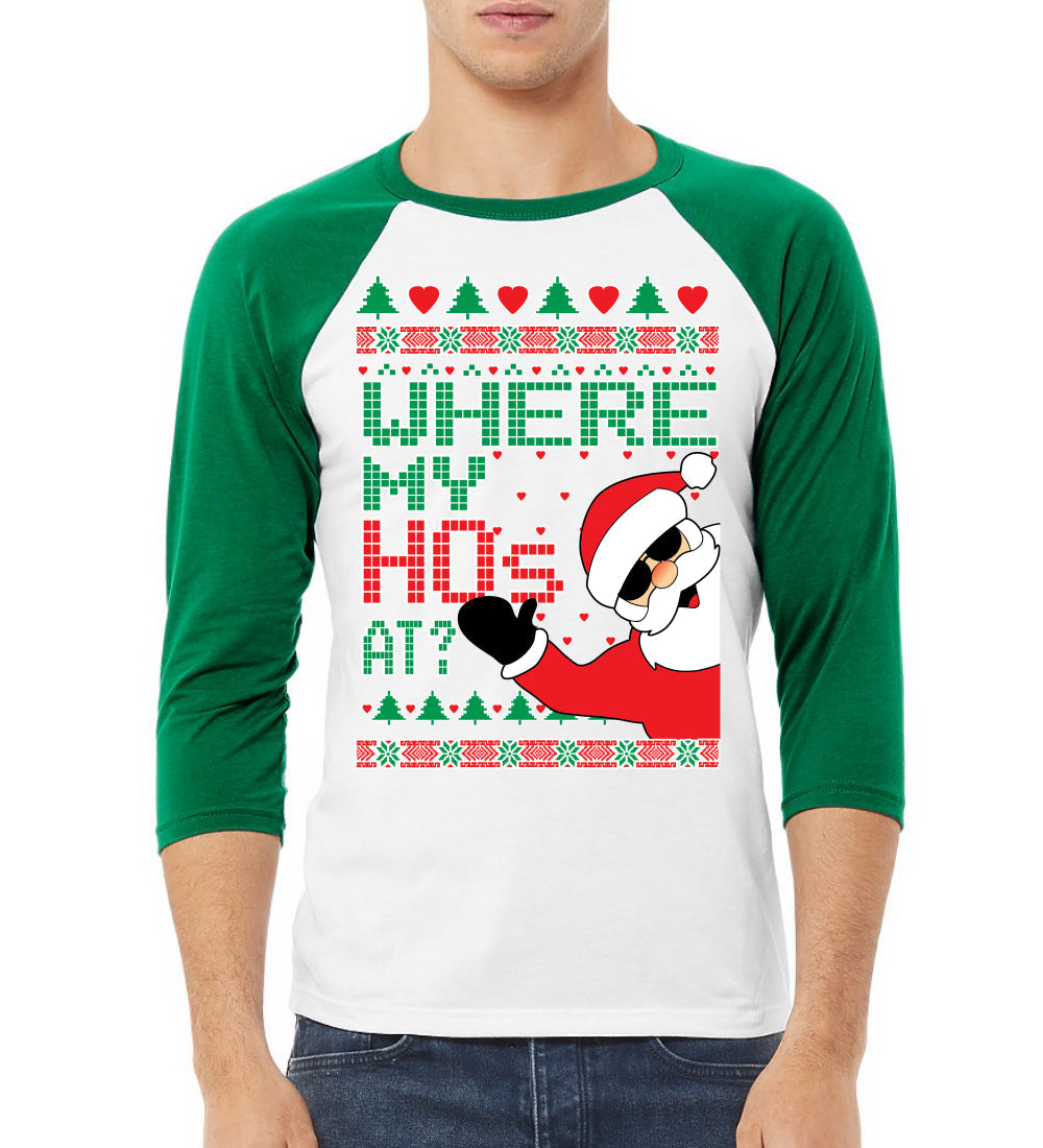 Santa Where My Hos at Christmas 3/4 Sleeve Raglan Unisex Baseball Tee