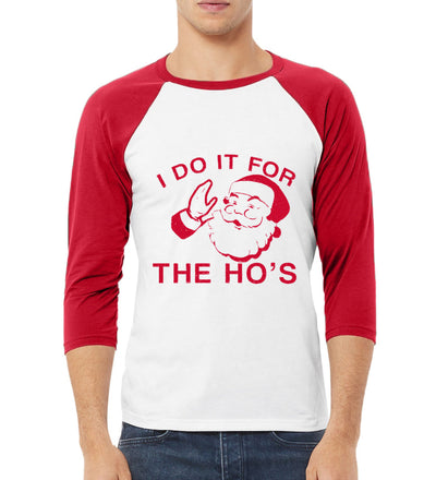 Red Santa I Do it for the Hos Christmas 3/4 Sleeve Raglan Unisex Baseball Tee