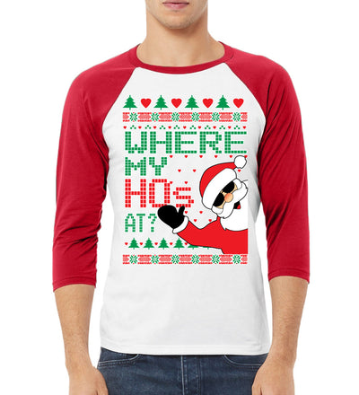 Santa Where My Hos at Christmas 3/4 Sleeve Raglan Unisex Baseball Tee