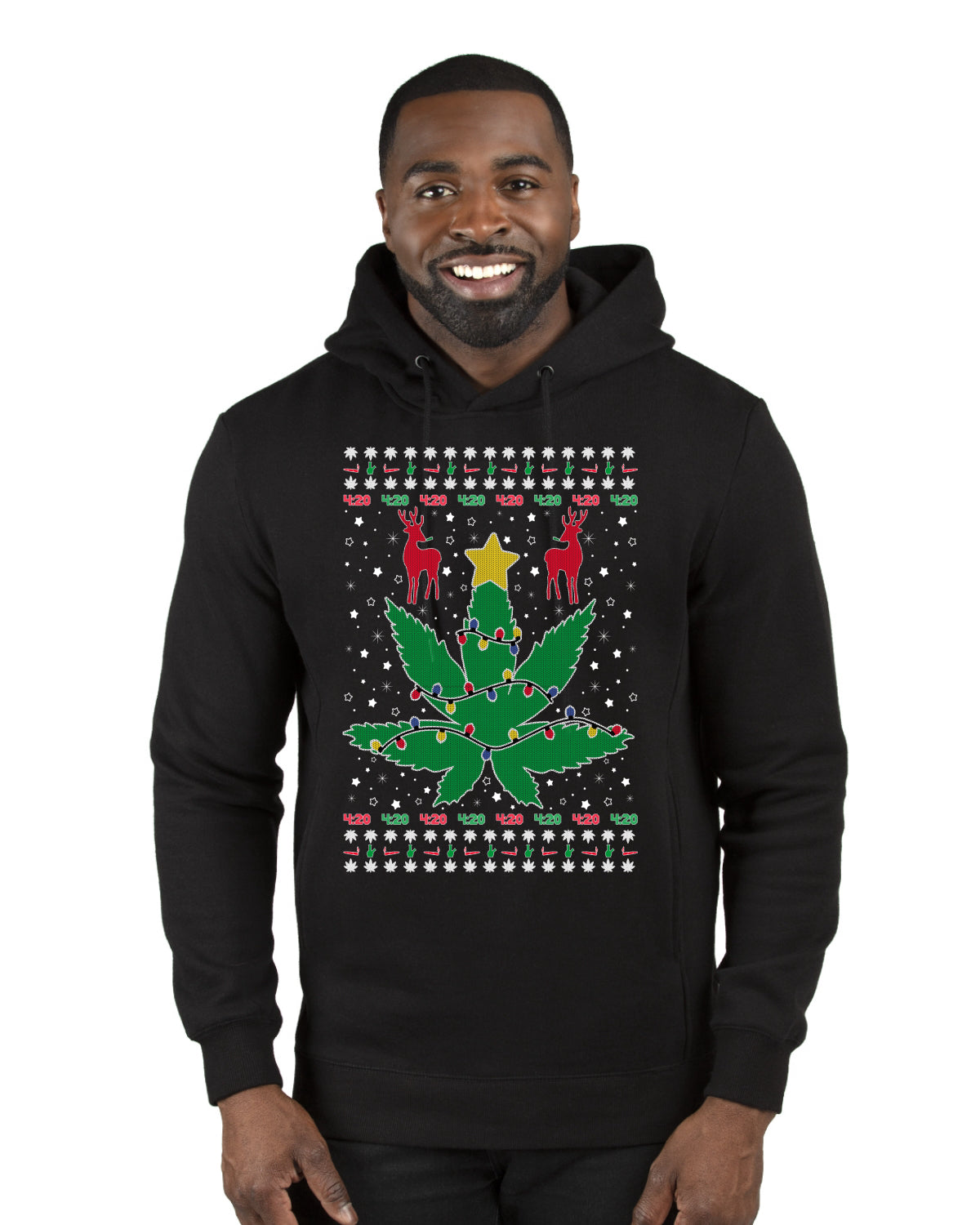 Weed Marijuana Lit Deer Pot Leaf Xmas Lights Christmas Premium Graphic Hoodie Sweatshirt