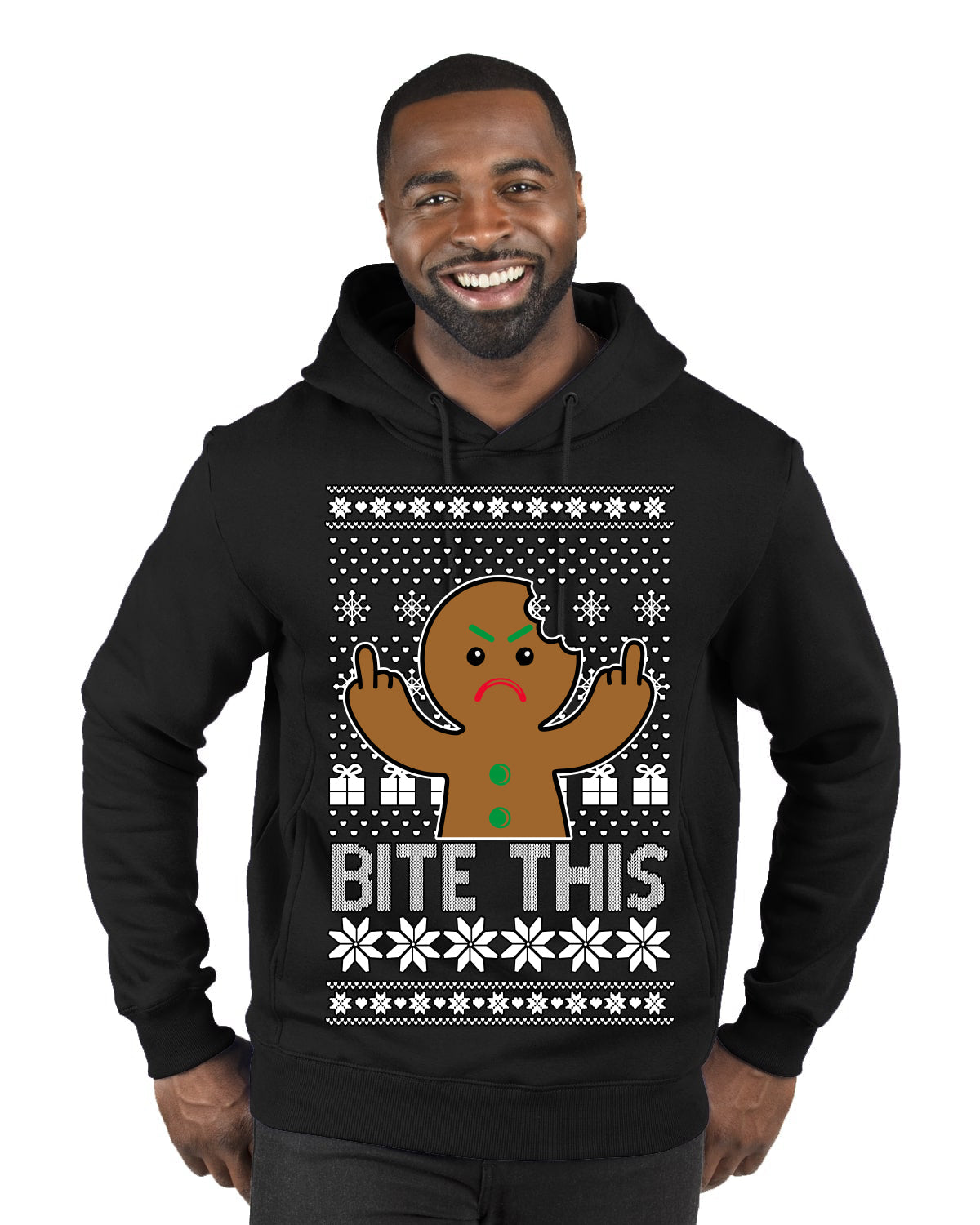 Bite This, Funny Gingerbread Cookie Offensive Inappropriate Middle Finger, F U Ginger Bread Dirty Novelty Xmas Ugly Christmas Sweater Premium Graphic Hoodie Sweatshirt