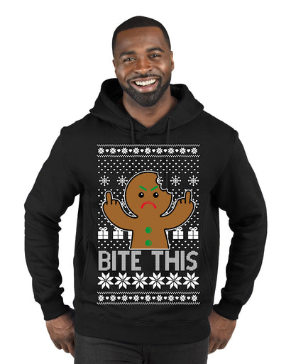 Bite This, Funny Gingerbread Cookie Offensive Inappropriate Middle Finger, F U Ginger Bread Dirty Novelty Xmas Ugly Christmas Sweater Premium Graphic Hoodie Sweatshirt