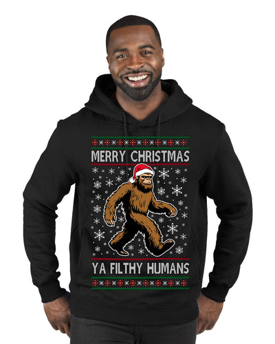 Merry Christmas Ya Filthy Humans Funny Sasquatch Bigfoot Ugly Christmas Sweater Premium Graphic Hoodie Sweatshirt