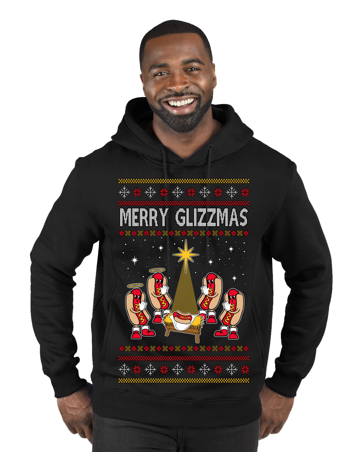 Merry Glizzmas, Funny Glizzy Hot Dog Baby Jesus Catholic Nativity, Fast Food Mustard Condiment Glizzys Humor Ugly Christmas Sweater Premium Graphic Hoodie Sweatshirt