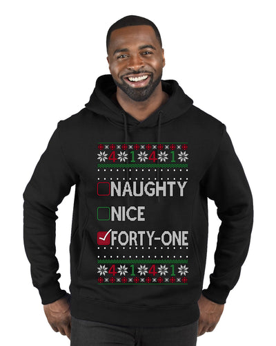 Funny Meme List Naughty, Nice, 41, Ugly Christmas Sweater Premium Graphic Hoodie Sweatshirt