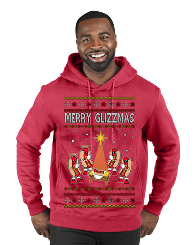 Merry Glizzmas, Funny Glizzy Hot Dog Baby Jesus Catholic Nativity, Fast Food Mustard Condiment Glizzys Humor Ugly Christmas Sweater Premium Graphic Hoodie Sweatshirt