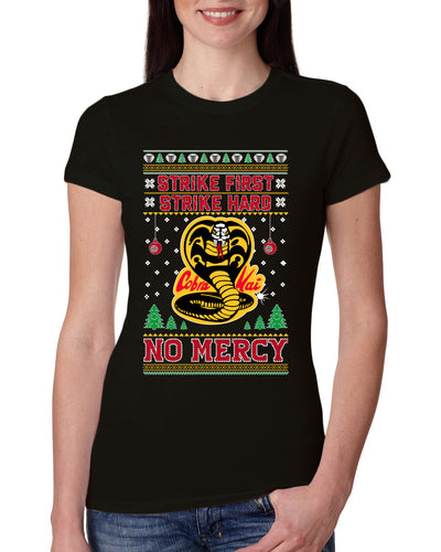 Strike First Strike Hard No Mercy Xmas Ugly Christmas Sweater Womens Slim Fit Junior Tee
