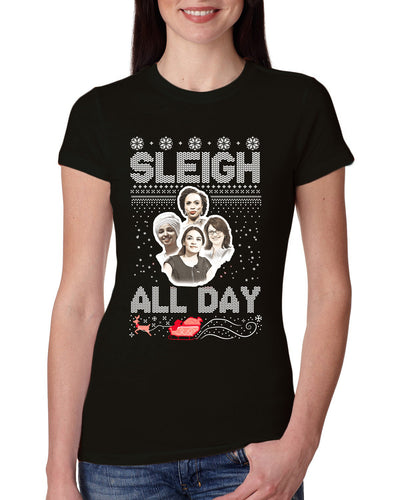 AOC The Squad Congresswomen Sleigh All Day Xmas Ugly Christmas Sweater Womens Slim Fit Junior Tee