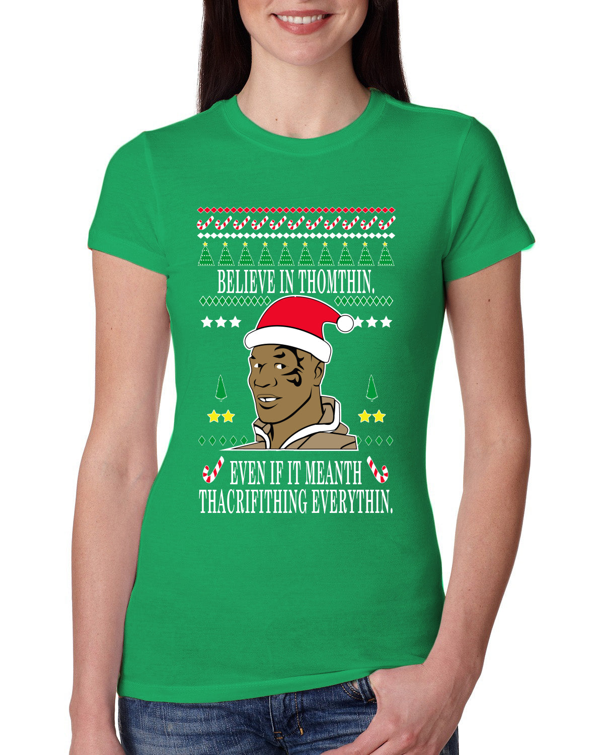 Lisp Believe In Thomthin Thacrifithing Everythin Ugly Christmas Sweater Womens Slim Fit Junior Tee
