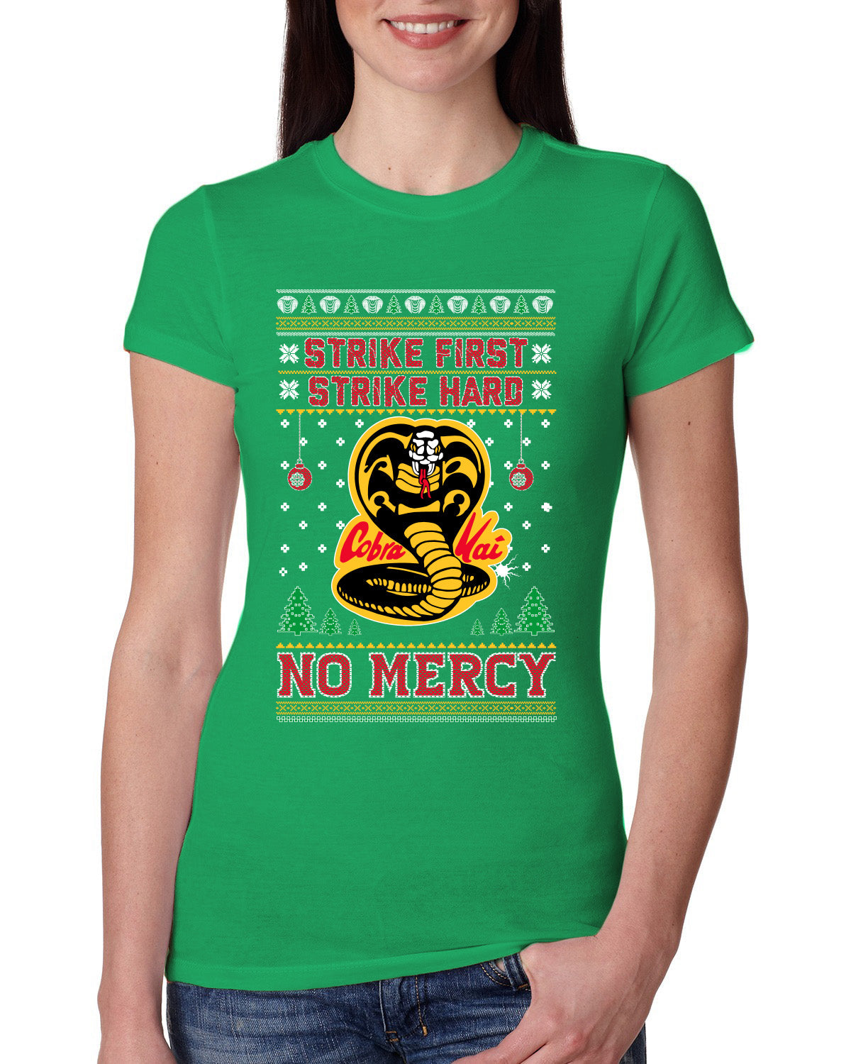 Strike First Strike Hard No Mercy Xmas Ugly Christmas Sweater Womens Slim Fit Junior Tee