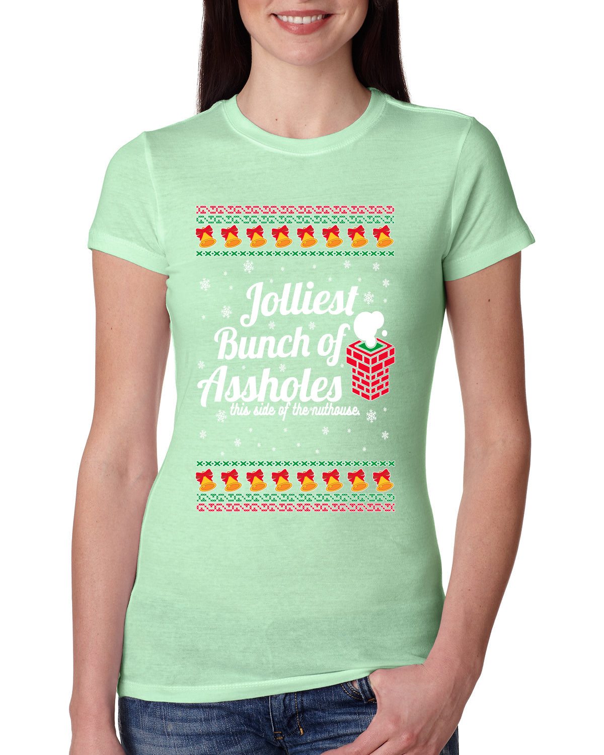 Jolliest Bunch of Assholes Xmas Movie Ugly Christmas Sweater Womens Slim Fit Junior Tee