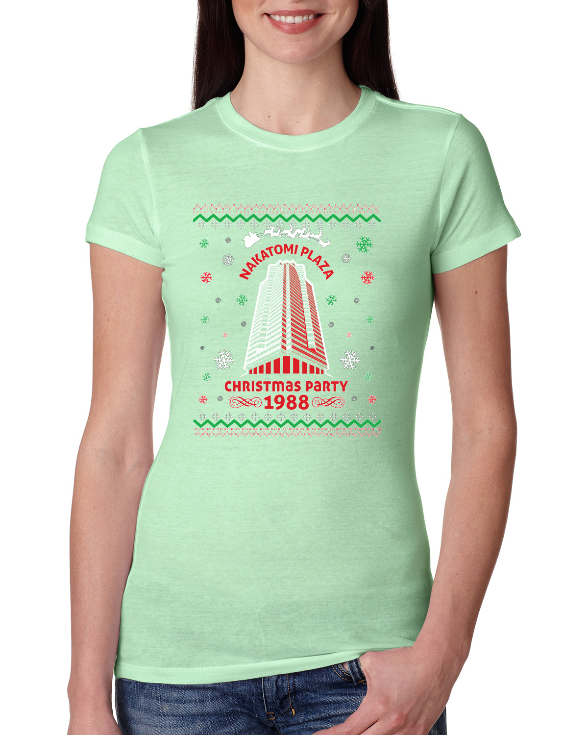 Nakatomi Plaza Christmas Party 1988 Ugly Christmas Sweater Womens Slim Fit Junior Tee