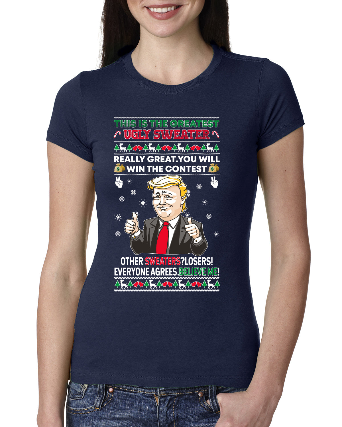 Trump This is the Greatest Ugly Christmas Sweater Womens Slim Fit Junior Tee
