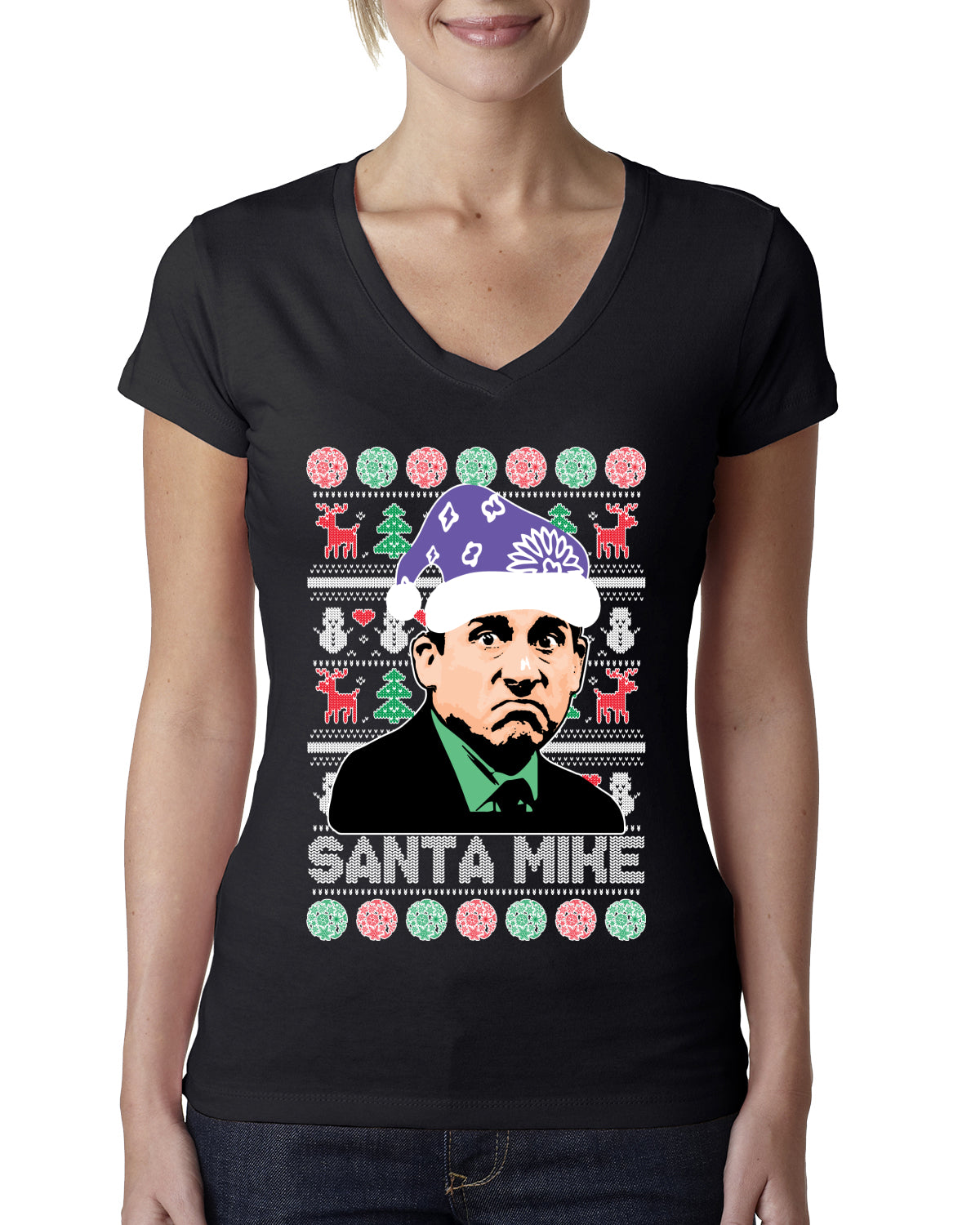 Santa Mike Michael Scott The Office Ugly Christmas Sweater Womens Junior Fit V-Neck Tee