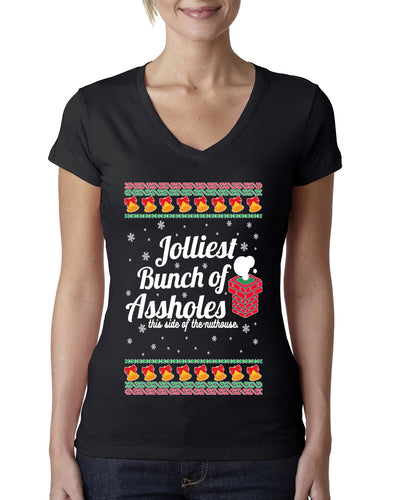 Jolliest Bunch of Assholes Xmas Movie Ugly Christmas Sweater Womens Junior Fit V-Neck Tee