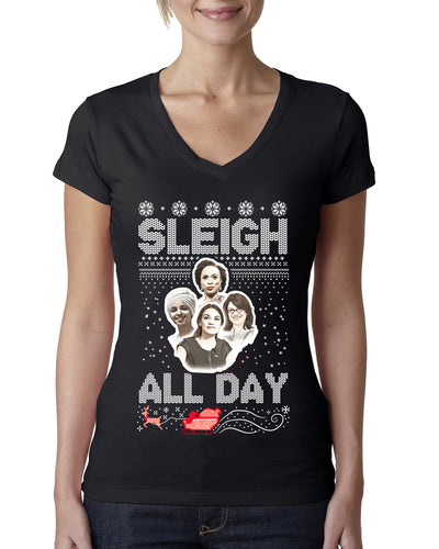 AOC The Squad Congresswomen Sleigh All Day Xmas Ugly Christmas Sweater Womens Junior Fit V-Neck Tee