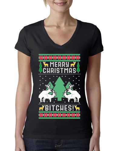Merry Christmas Bitches Ugly Christmas Sweater Womens Junior Fit V-Neck Tee