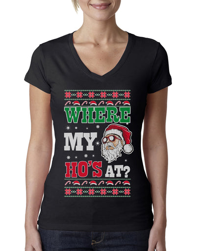Where my Hos At Santa Funny Ugly Christmas Sweater Womens Junior Fit V-Neck Tee