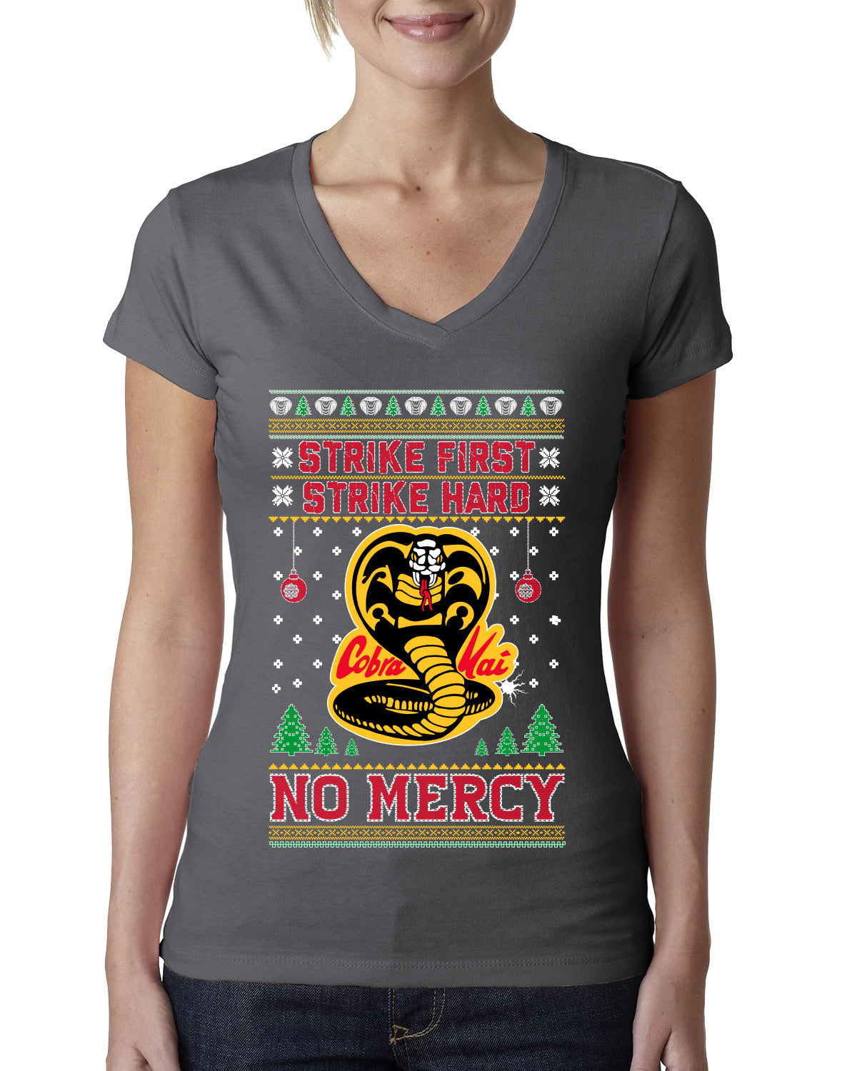 Strike First Strike Hard No Mercy Xmas Ugly Christmas Sweater Womens Junior Fit V-Neck Tee