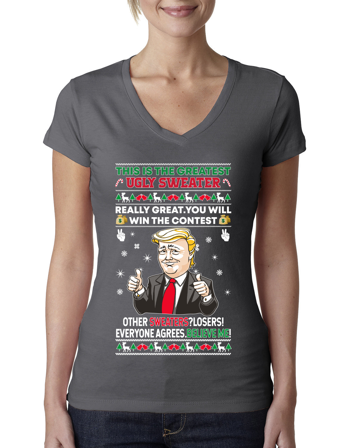 Trump This is the Greatest Ugly Christmas Sweater Womens Junior Fit V-Neck Tee
