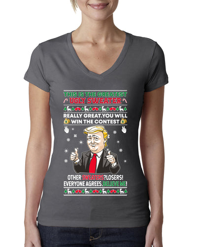 Trump This is the Greatest Ugly Christmas Sweater Womens Junior Fit V-Neck Tee
