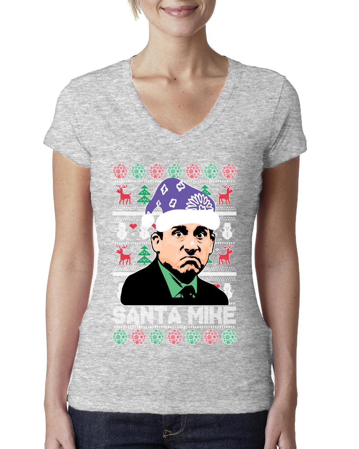 Santa Mike Michael Scott The Office Ugly Christmas Sweater Womens Junior Fit V-Neck Tee