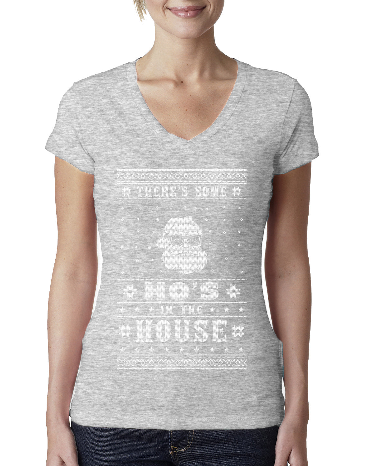 Theres Some Hos in the House Santa Ugly Christmas Sweater Womens Junior Fit V-Neck Tee