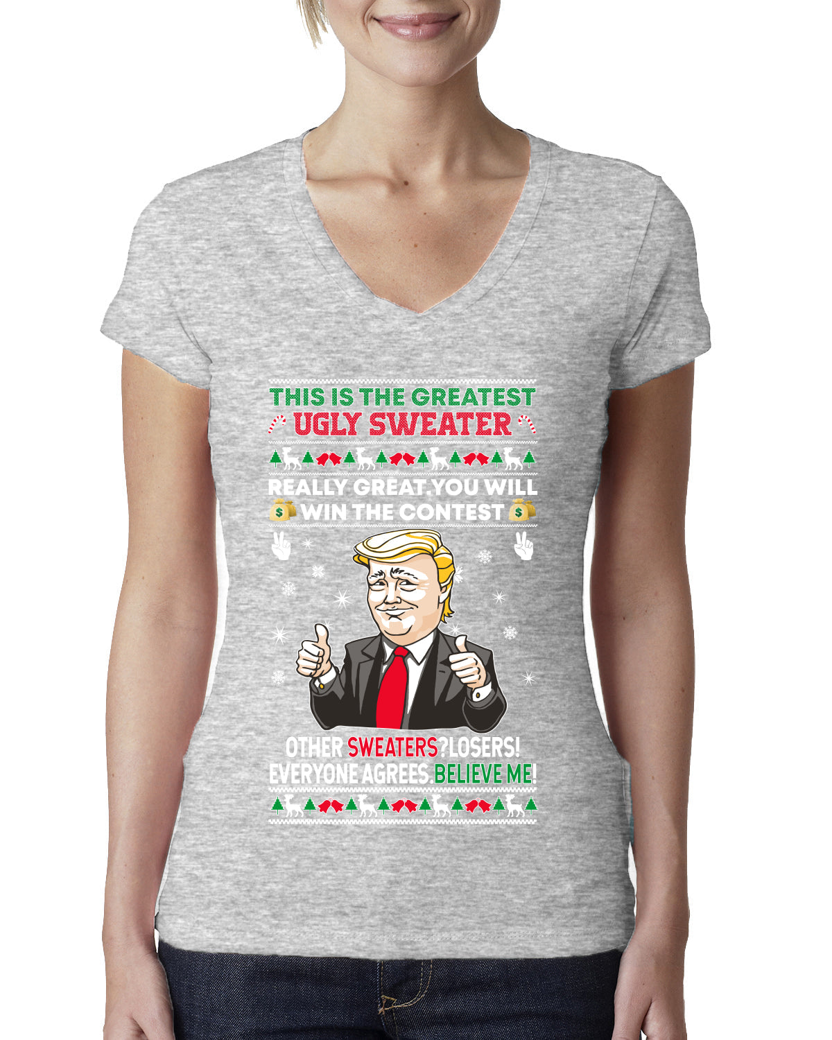 Trump This is the Greatest Ugly Christmas Sweater Womens Junior Fit V-Neck Tee