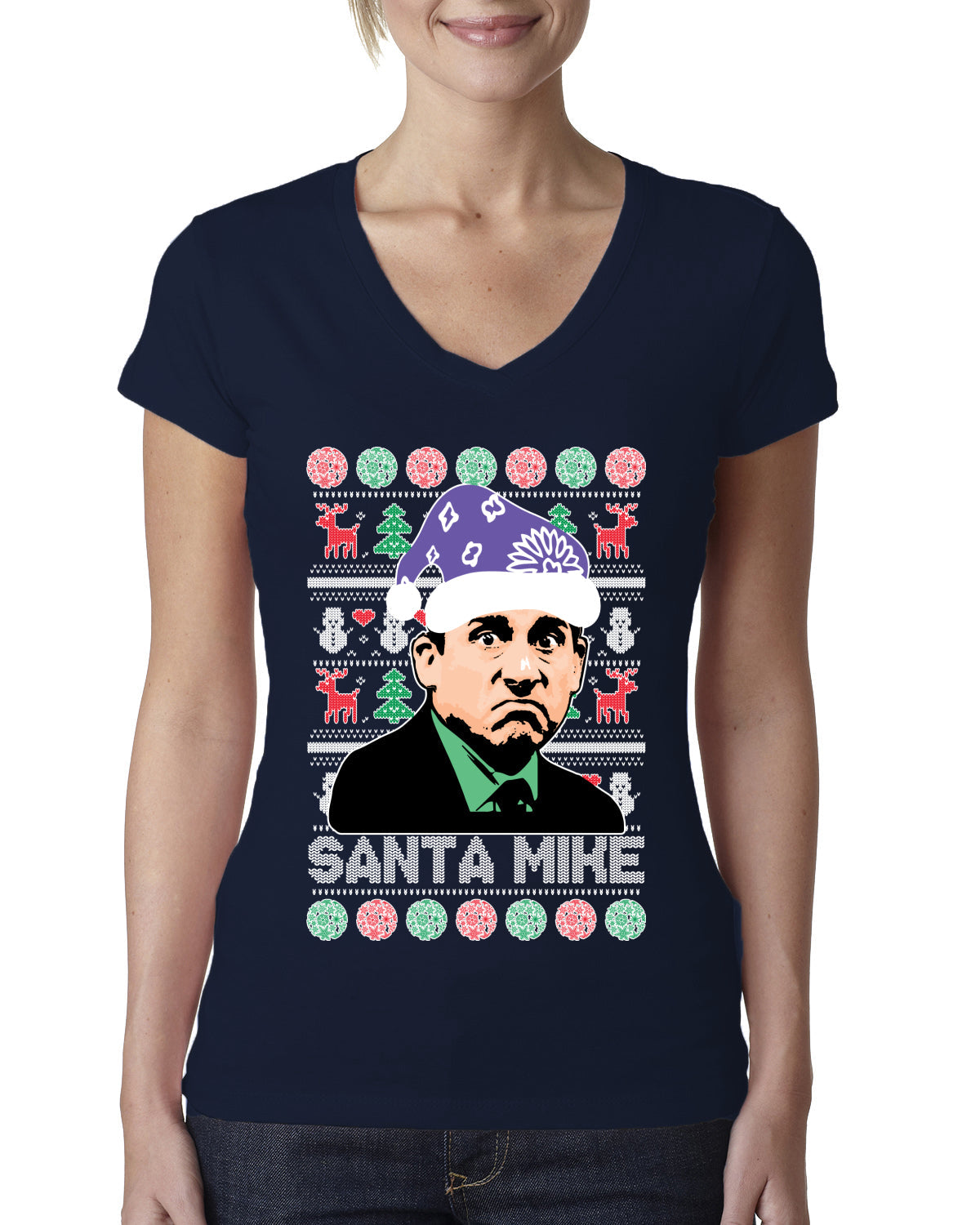 Santa Mike Michael Scott The Office Ugly Christmas Sweater Womens Junior Fit V-Neck Tee