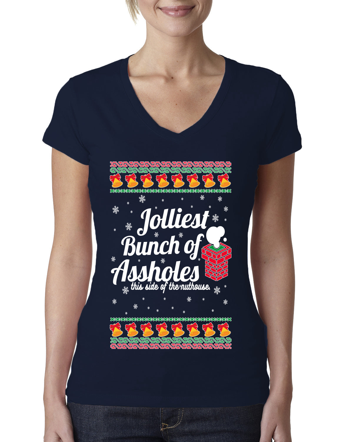 Jolliest Bunch of Assholes Xmas Movie Ugly Christmas Sweater Womens Junior Fit V-Neck Tee