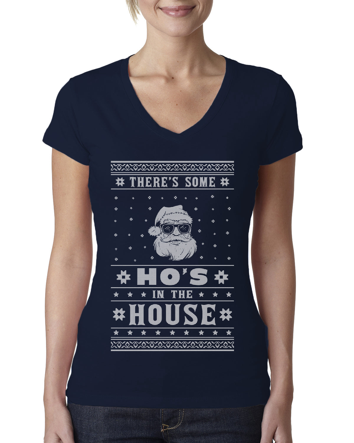 Theres Some Hos in the House Santa Ugly Christmas Sweater Womens Junior Fit V-Neck Tee