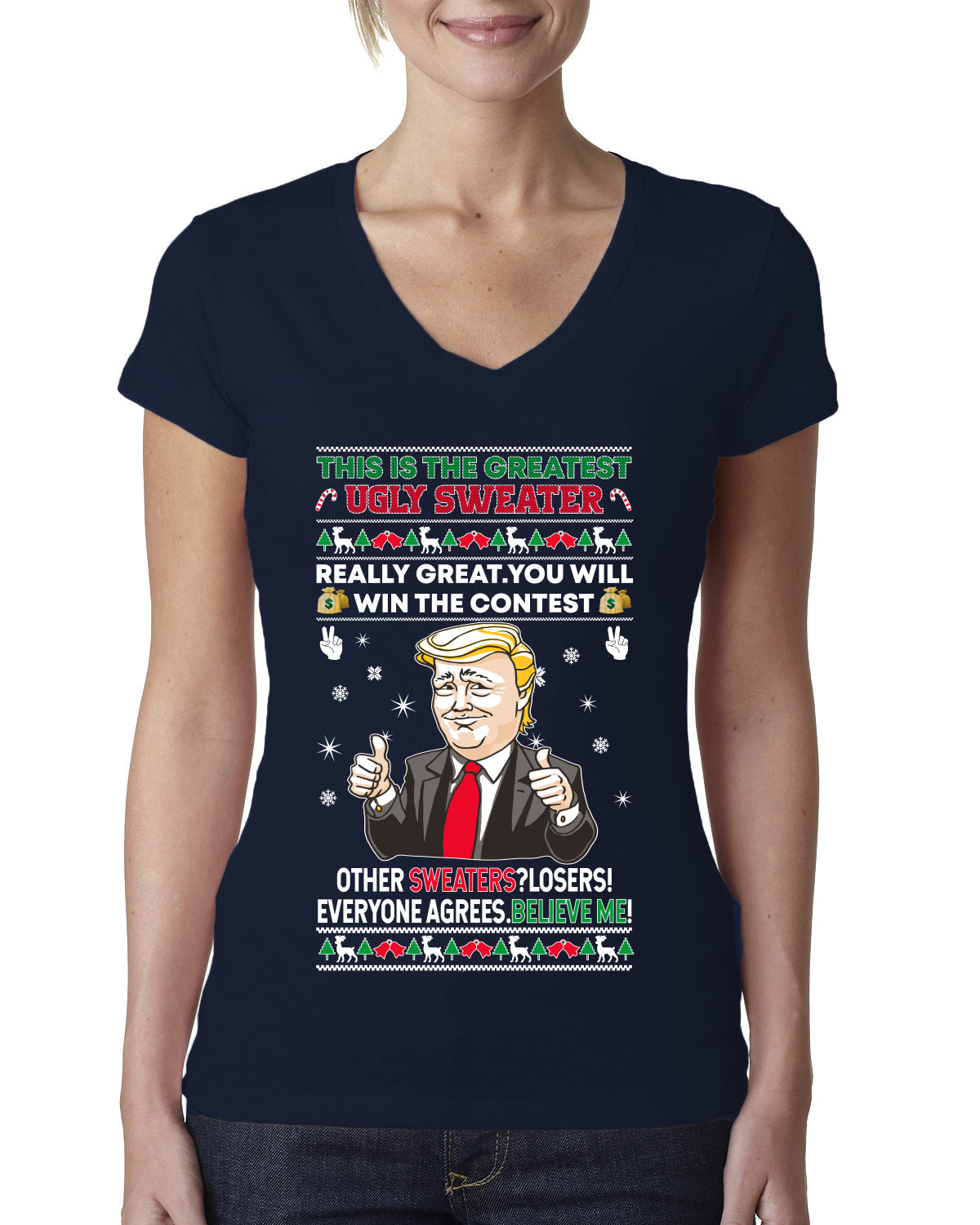 Trump This is the Greatest Ugly Christmas Sweater Womens Junior Fit V-Neck Tee