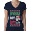 Where my Hos At Santa Funny Ugly Christmas Sweater Womens Junior Fit V-Neck Tee