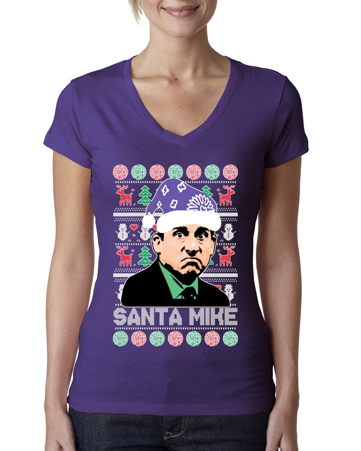 Santa Mike Michael Scott The Office Ugly Christmas Sweater Womens Junior Fit V-Neck Tee