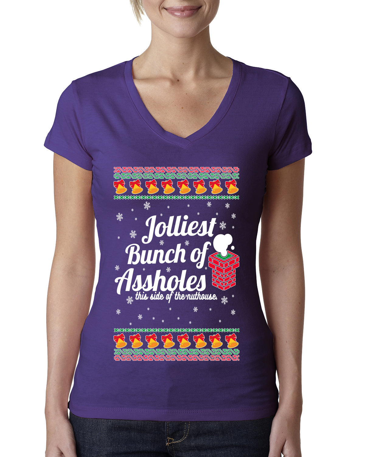 Jolliest Bunch of Assholes Xmas Movie Ugly Christmas Sweater Womens Junior Fit V-Neck Tee