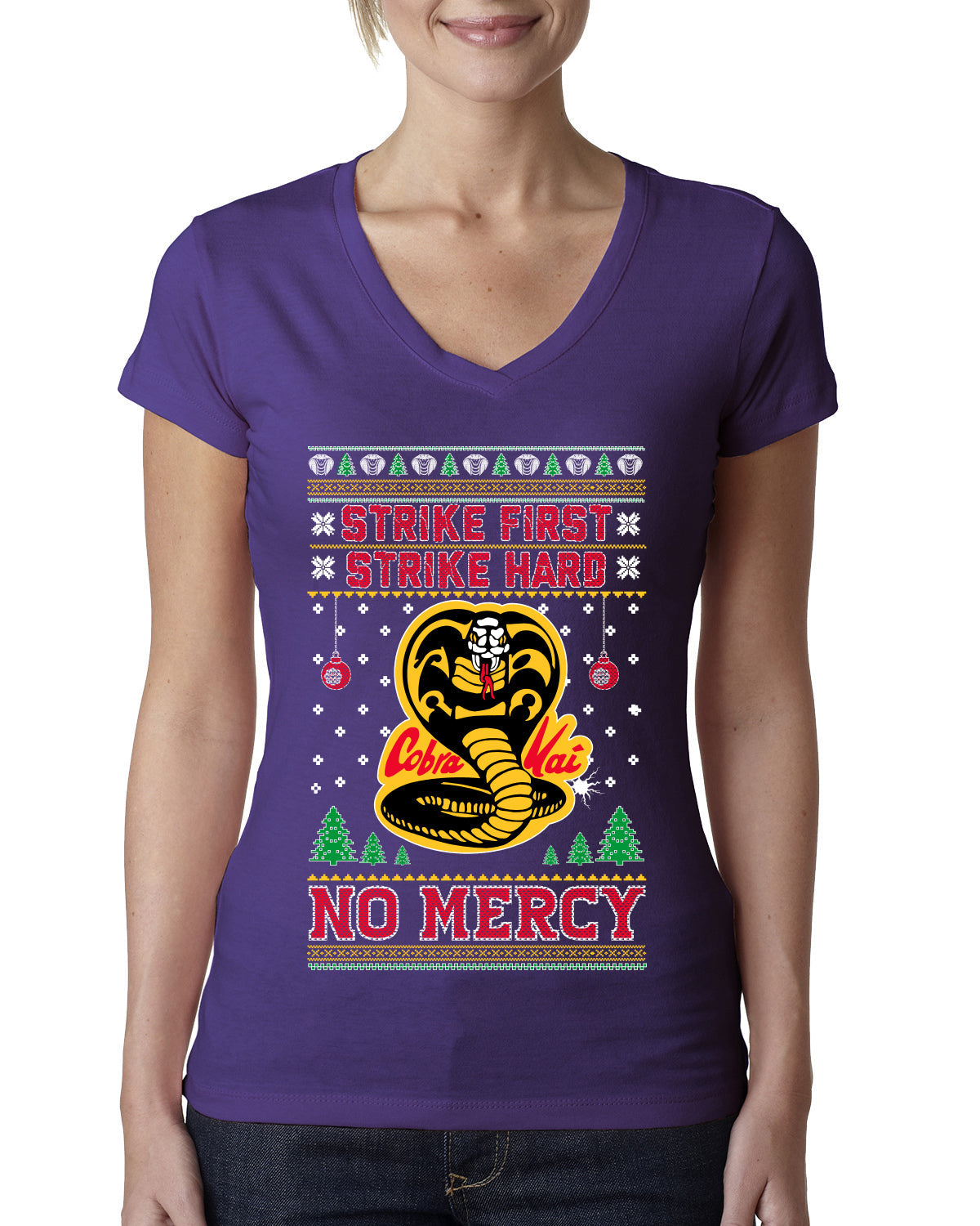 Strike First Strike Hard No Mercy Xmas Ugly Christmas Sweater Womens Junior Fit V-Neck Tee