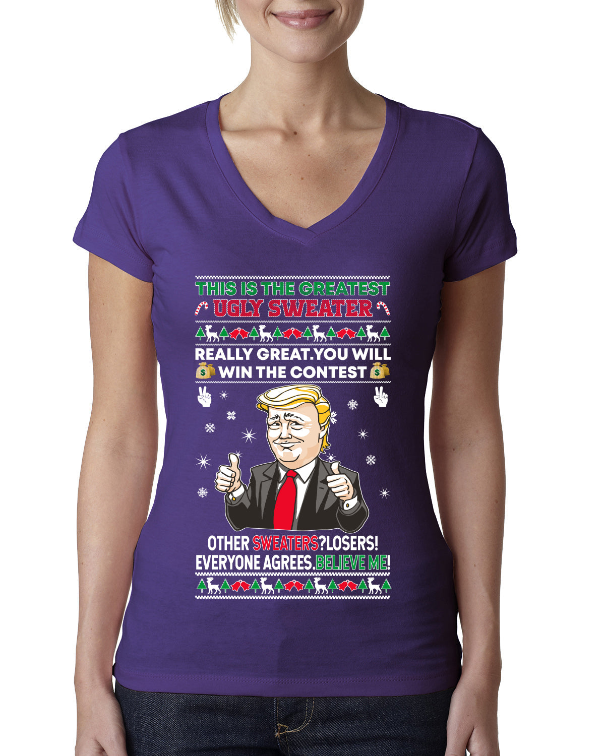 Trump This is the Greatest Ugly Christmas Sweater Womens Junior Fit V-Neck Tee