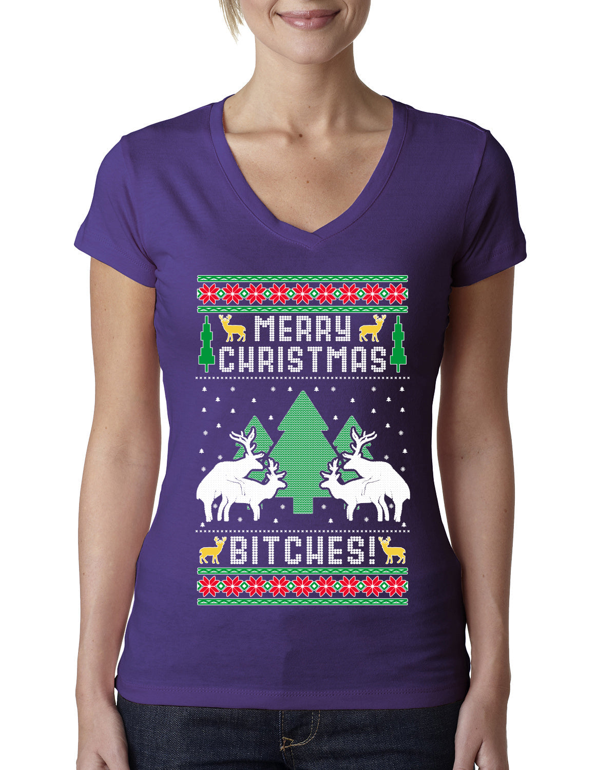 Merry Christmas Bitches Ugly Christmas Sweater Womens Junior Fit V-Neck Tee