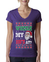 Where my Hos At Santa Funny Ugly Christmas Sweater Womens Junior Fit V-Neck Tee