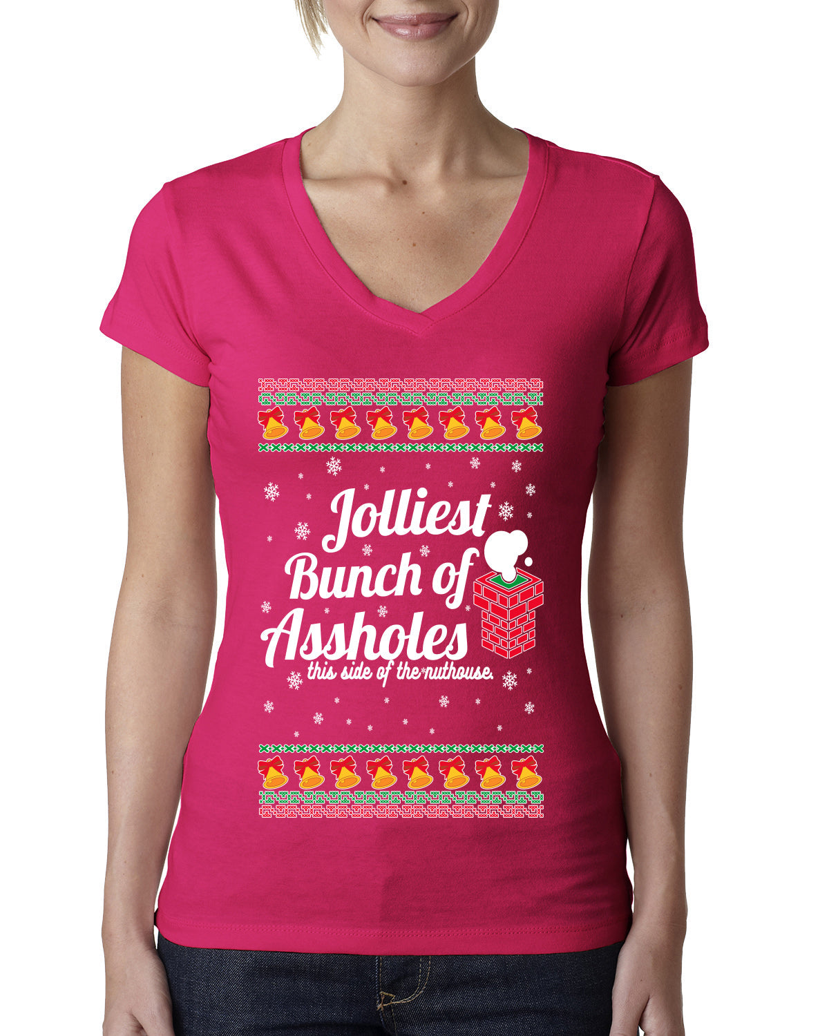 Jolliest Bunch of Assholes Xmas Movie Ugly Christmas Sweater Womens Junior Fit V-Neck Tee