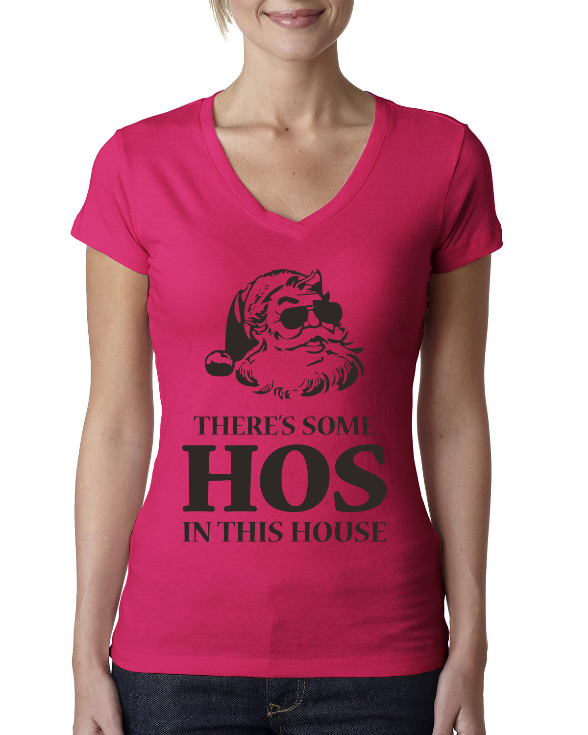 Theres some Hos in this House Ugly Christmas Sweater Womens Junior Fit V-Neck Tee
