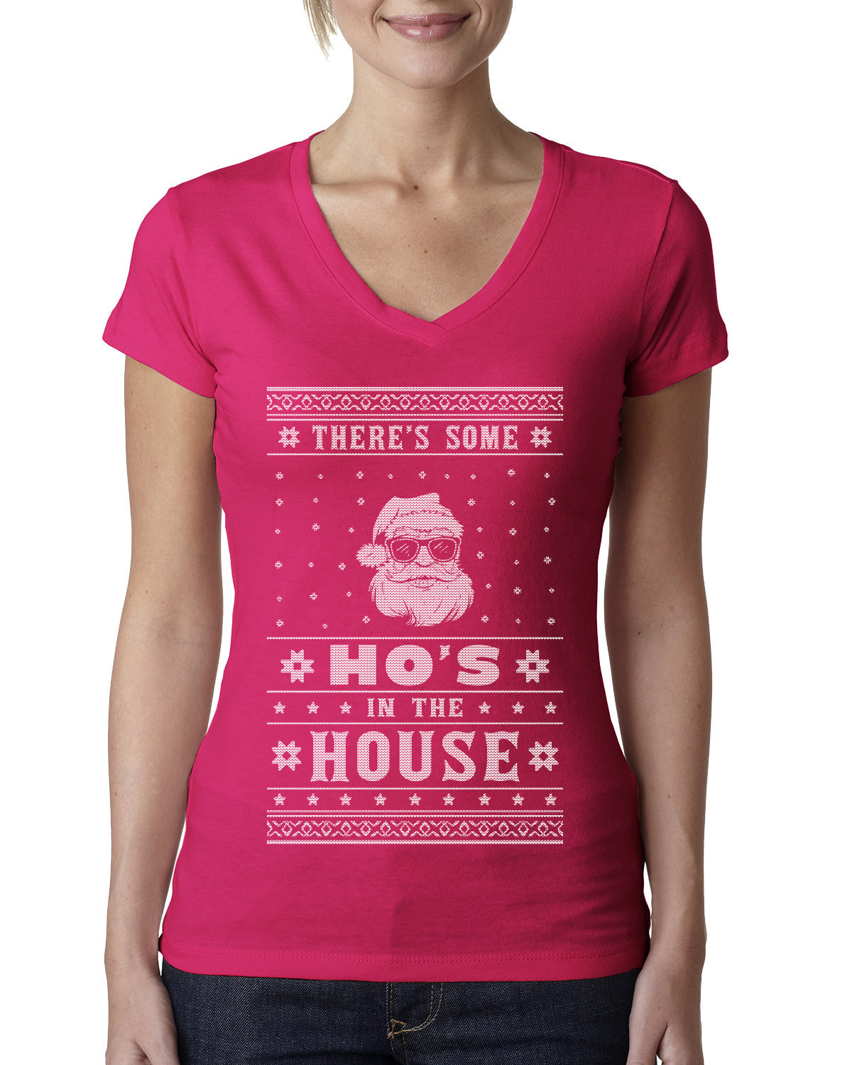 Theres Some Hos in the House Santa Ugly Christmas Sweater Womens Junior Fit V-Neck Tee
