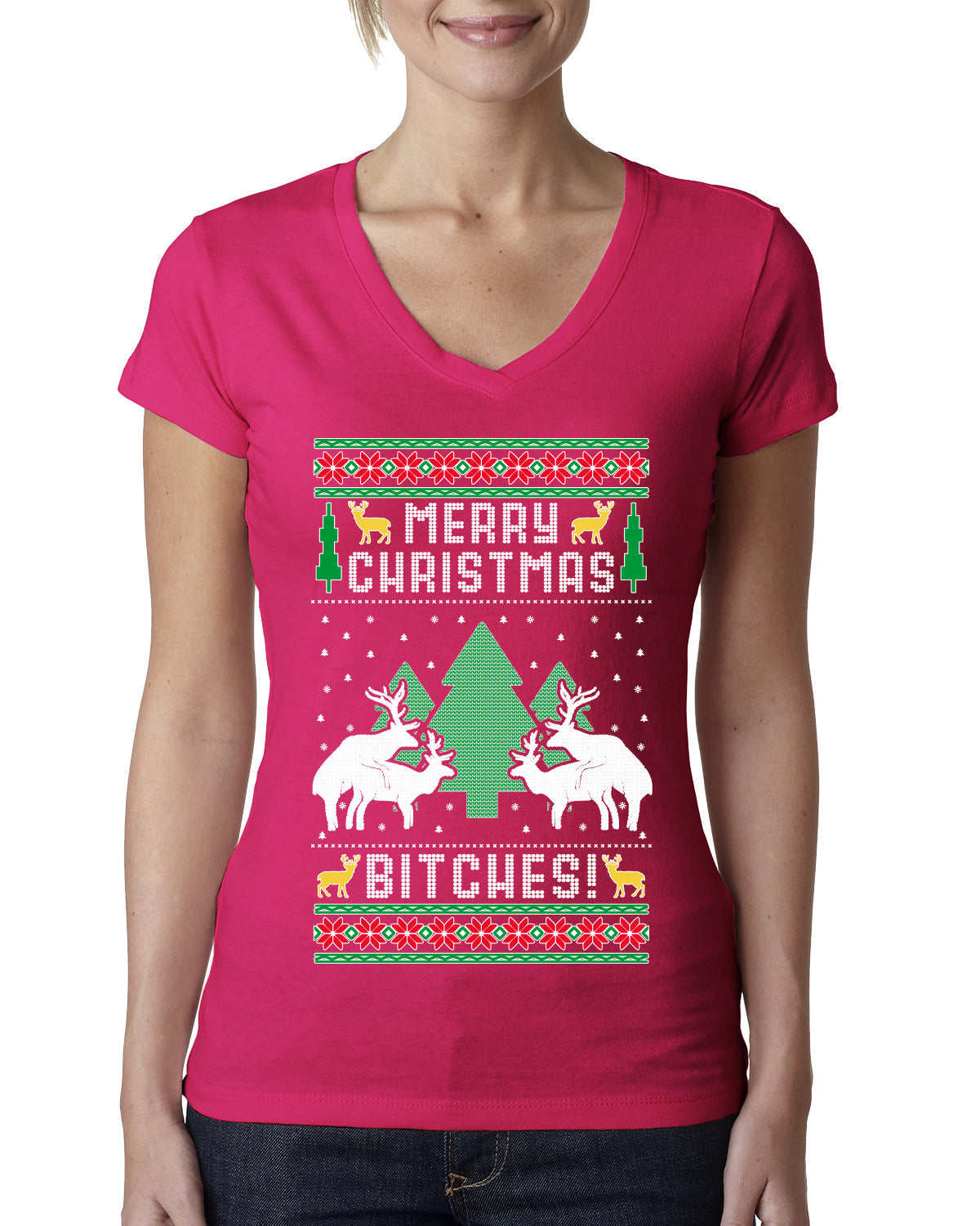 Merry Christmas Bitches Ugly Christmas Sweater Womens Junior Fit V-Neck Tee