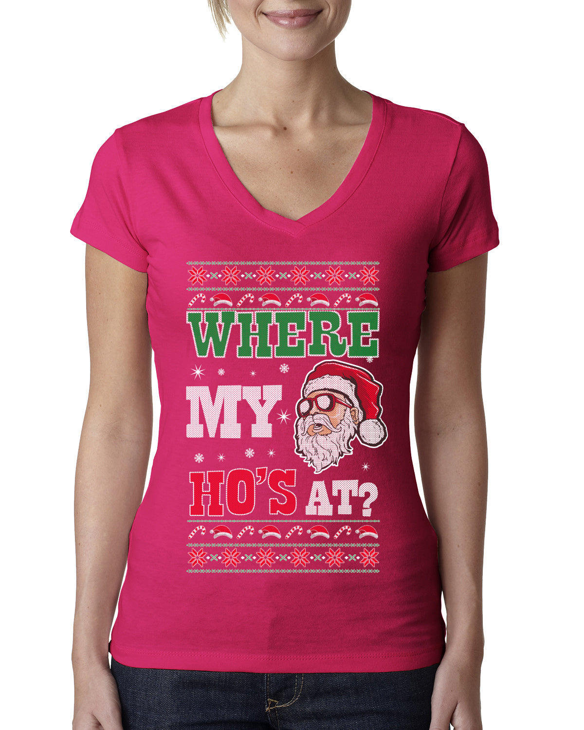 Where my Hos At Santa Funny Ugly Christmas Sweater Womens Junior Fit V-Neck Tee