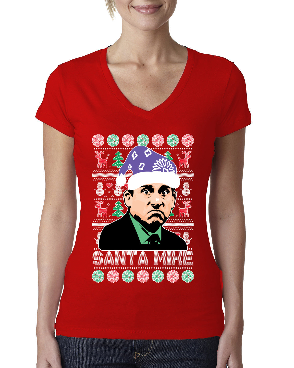 Santa Mike Michael Scott The Office Ugly Christmas Sweater Womens Junior Fit V-Neck Tee